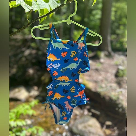 🌈 Cat & Jack Dinosaur One-Piece Swimsuit – 3T – Bright Blue with Cut-Out Sides 🦖 - Picture 1 of 13